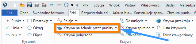 Szkic3D Krzywa na ścianie przez punkty wstążka ZW3D
