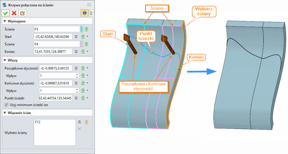 Szkic3D ZW3D Krzywa połączona na ścianie Panel