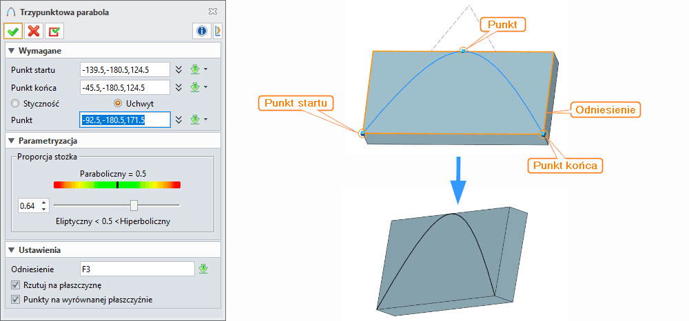 Szkic3D ZW3D Trzypunktowa parabola Panel