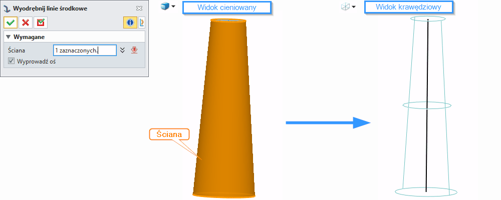 Szkic3D ZW3D Wyodrębnij linie osiowe cylindra Panel