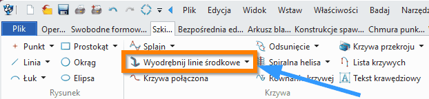 Szkic3D ZW3D Wyodrębnij linie środkowe wstążka
