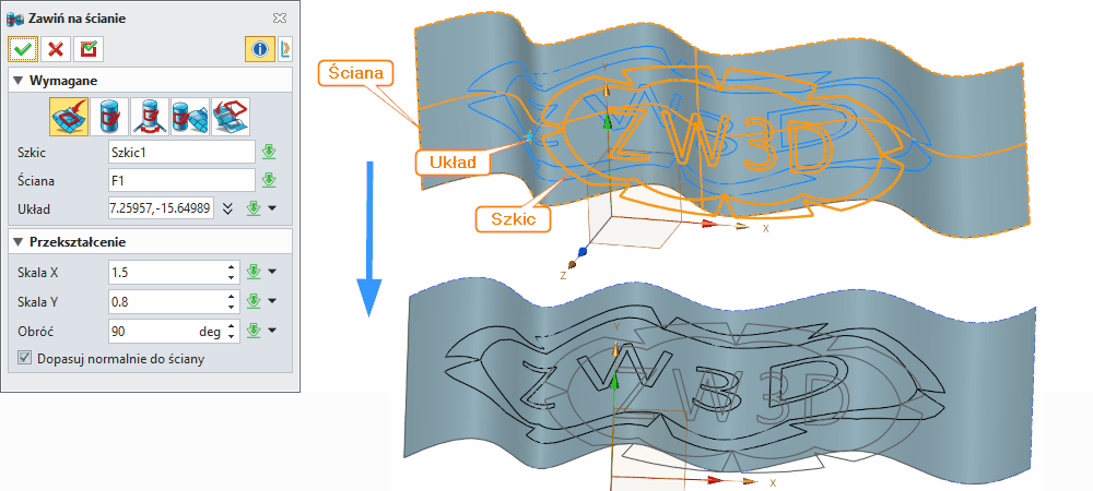 Szkic3D Zawiń na ścianie ZW3D Panel