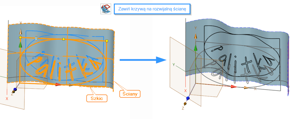 Szkic3D rozłóż na ścianie krzywe ZW3D opcja4