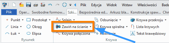 Szkic3D Zawiń na ścianie ZW3D wstążka