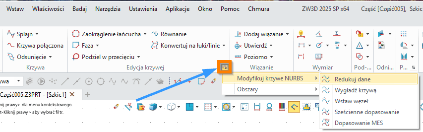 Szkic Redukuj dane ZW3D wstążka