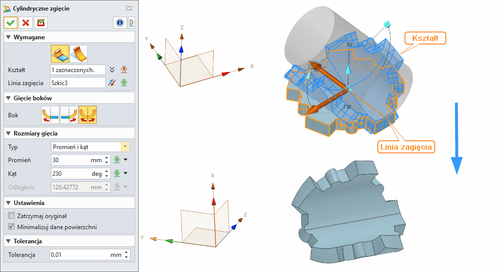 Operacje Cylindryczne zgięcie Panel ZW3D opcje