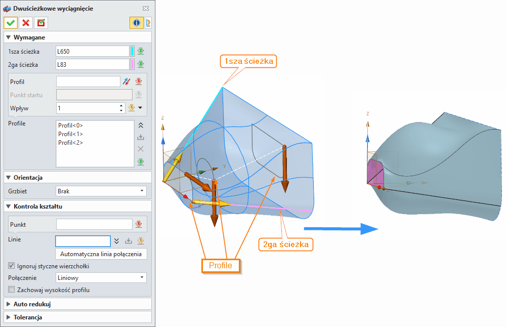 Operacje ZW3D Dwuścieżkowe wyciągnięcie Panel