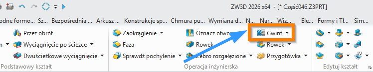 Operacje ZW3D Gwint wstążka