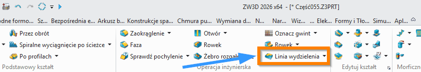 Operacje Linia wydzielenia ZW3D wstążka
