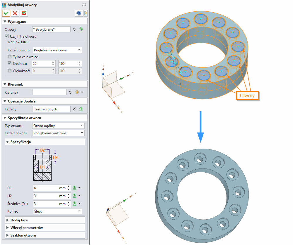 Operacje Modyfikuj otwory ZW3D Panel