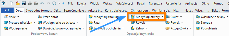 Operacje Modyfikuj otwory ZW3D wstążka