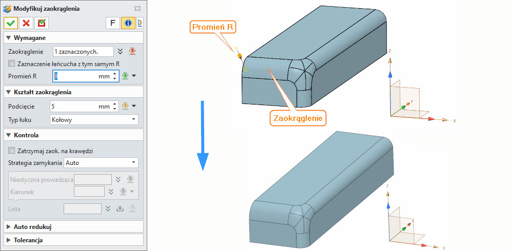 Operacje ZW3D Modyfikuj zaokrąglenia ZW3D Panel