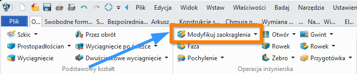 Operacje Modyfikuj zaokrąglenia wstążka ZW3D