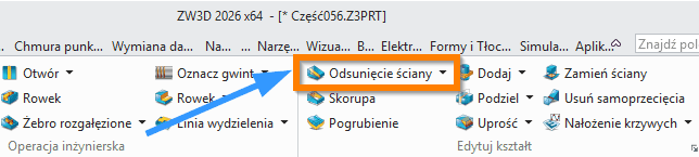 Operacje Odsunięcie ściany ZW3D wstążka