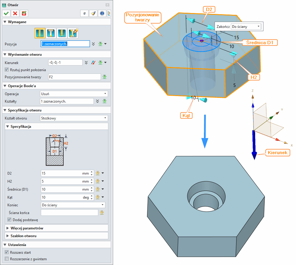 Operacje ZW3D Otwór Panel