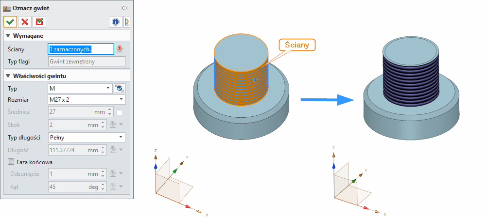 Operacje Oznacz gwint ZW3D Panel