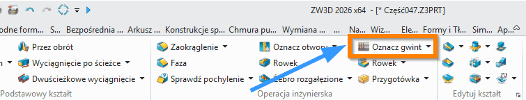 Operacje Oznacz gwint ZW3D wstążka