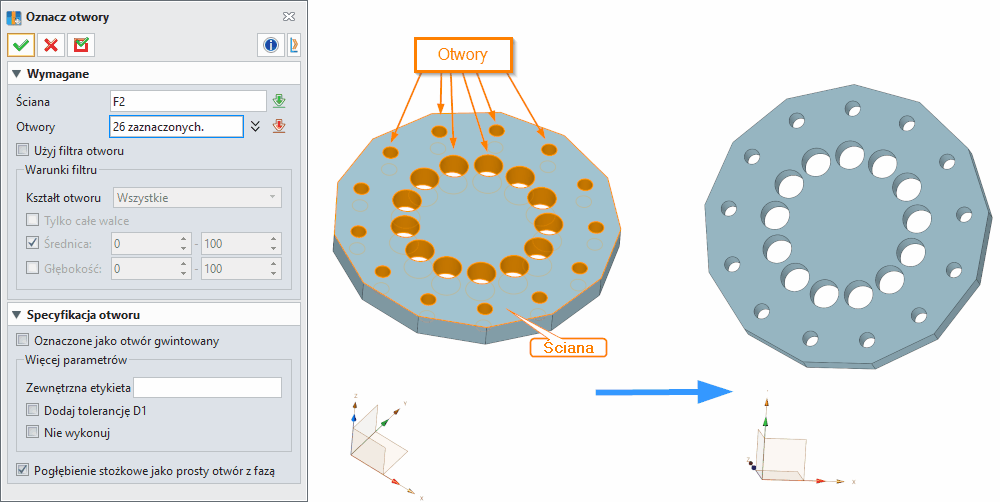 Operacje ZW3D Oznacz otwory Panel