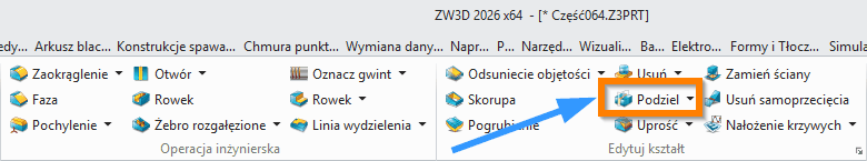 Operacje Podziel ZW3D wstążka