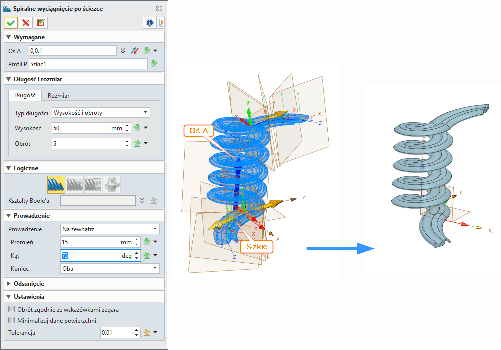 Operacje ZW3D Spiralne wyciągnięcie po ścieżce Panel