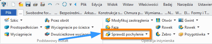 Operacje ZW3D Sprawdź pochylenie wstążka