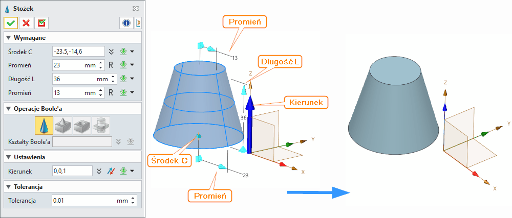 Operacje ZW3D Stożek Panel