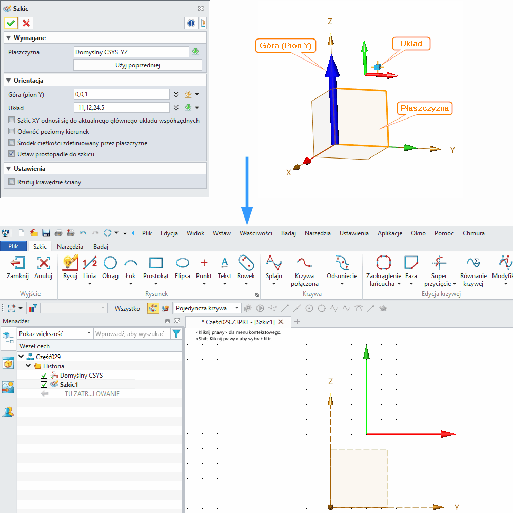 Operacje Szkic ZW3D Panel