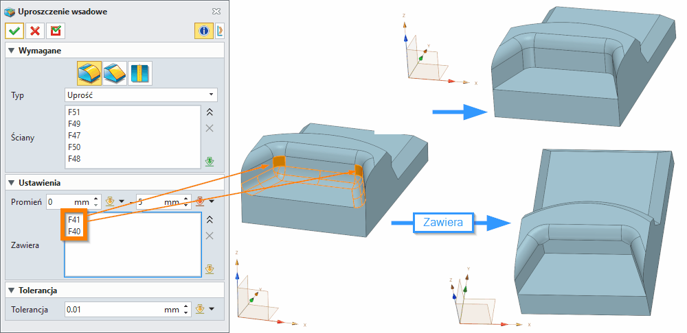 Operacje Uproszczenie wsadowe ZW3D Panel opcje