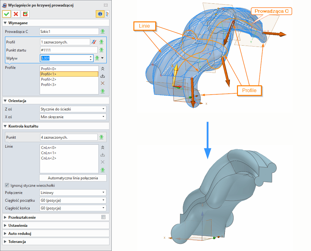 Operacje ZW3D Wyciągnięcie po krzywej prowadzącej Panel
