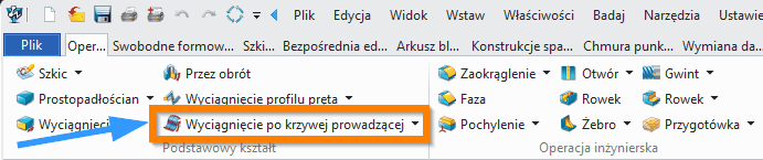 Operacje Wyciągnięcie po krzywej prowadzącej wstążka ZW3D
