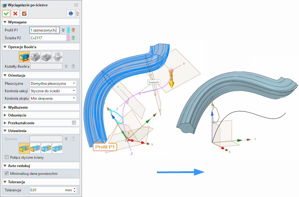 Operacje ZW3D Wyciągnięcie po ścieżce Panel