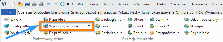 Operacje Wyciągniecie po ścieżce wstążka ZW3D