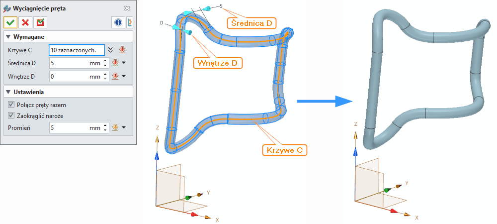 Operacje Wyciągnięcie pręta ZW3D Panel