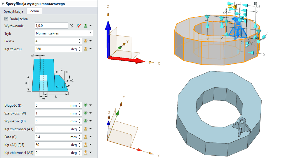 Operacje Występ montażowy ZW3D Panel opcje