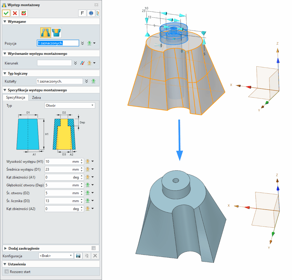Operacje Występ montażowy ZW3D Panel