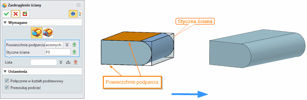 Operacje Zaokrąglenie ściany ZW3D Panel
