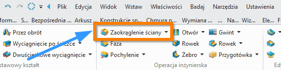 Operacje ZW3D Zaokrąglenie ściany wstążka