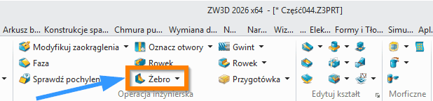 Operacje ZW3D Żebro - wstążka