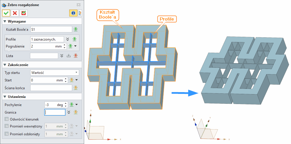 Operacje Żebro rozgałęzione Panel ZW3D