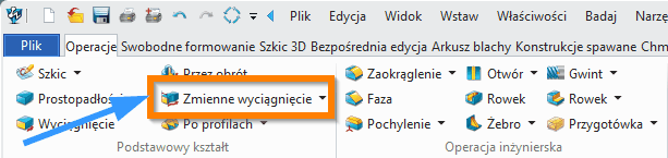Operacje Zmienne ZW3D wyciągniecie wstążka
