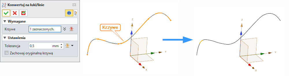 Szkic3D ZW3D Konwertuj na łuki - linie - Panel