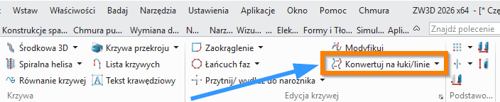 Szkic3D Konwertuj na łuki linie wstążka ZW3D