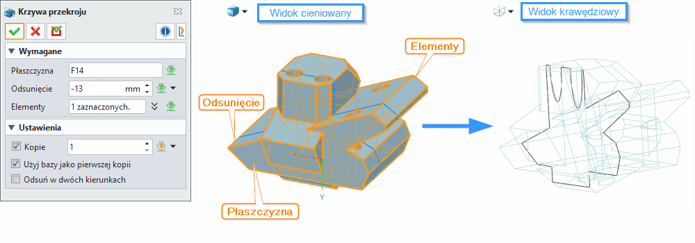 Szkic3D Krzywa przekroju - Profil bryły ZW3D Panel