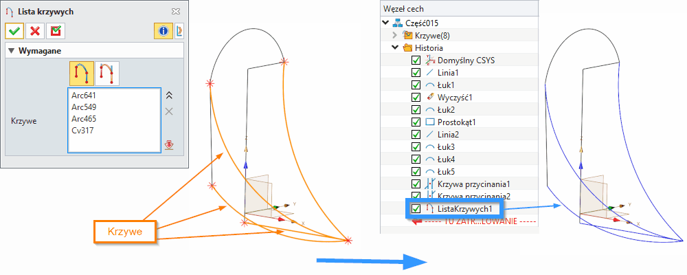 Szkic3D Lista krzywych ZW3D Panel