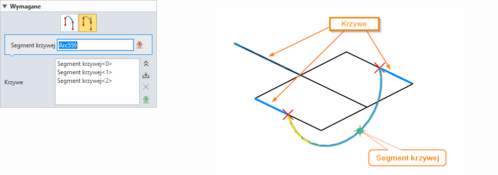 Szkic3D Lista ZW3D krzywych opcje