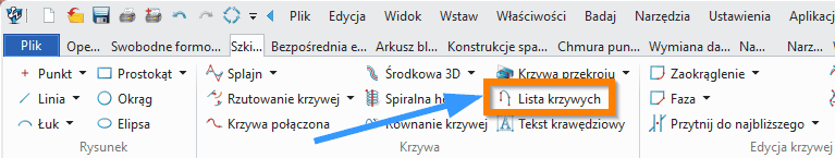 Szkic3D Lista krzywych ZW3D wstążka