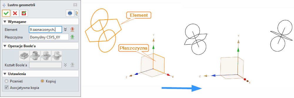 Szkic3D Lustro geometrii ZW3D Panel
