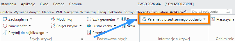 Szkic3D Parametry przestrzennego podzialu ZW3D wstążka