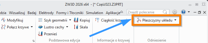 Szkic3D Płaszczyzna układu ZW3D wstążka