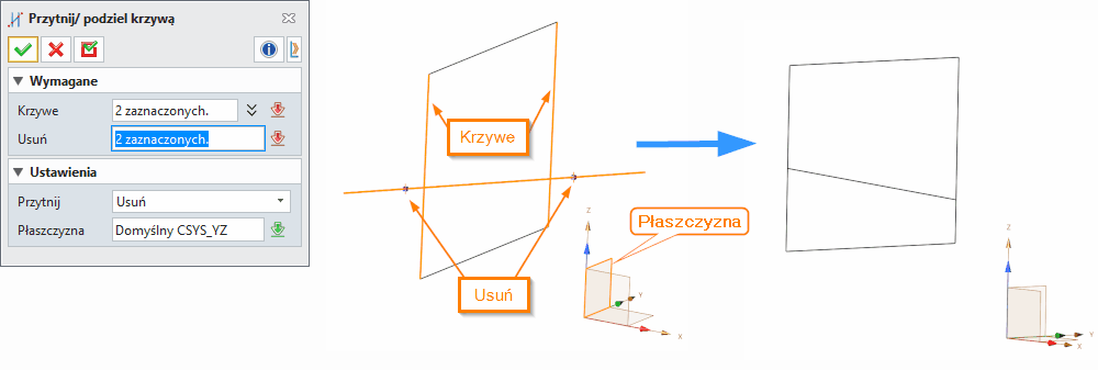 Szkic3D ZW3D Przytnij podziel krzywą Panel